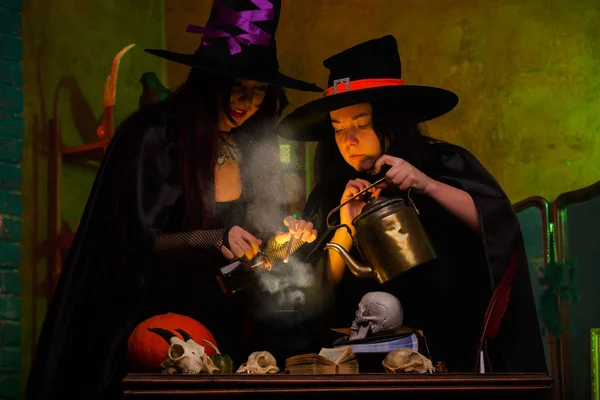 Picture of witches with pot of magical poison and steam — Stock Photo, Image