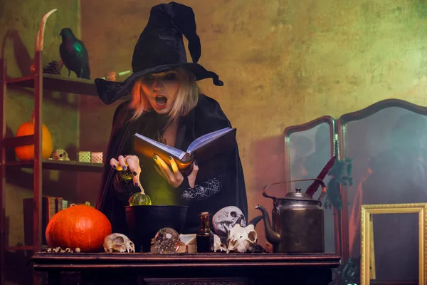 Retrato de bruja en sombrero negro leyendo hechizo sobre olla con vapor verde — Foto de Stock
