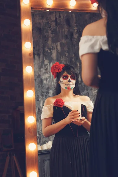 Grim halloween photo girl zombie with white face — Stock Photo, Image