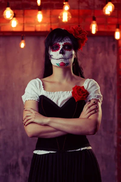 Image of woman zombie with white make-up on her face, sewn on her mouth — Stock Photo, Image