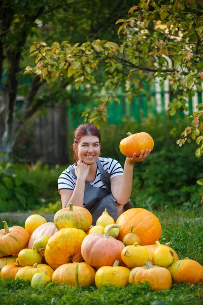 Foto van vrouw tuinman met pompoen in hand onder gewas van pompoenen op groen gazon — Stockfoto