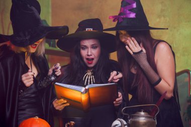 Picture of three witches with book in hands clipart