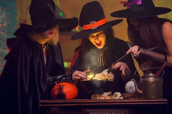 Retrato de tres brujas en sombreros con libro de pociones haciendo pociones en caldero — Foto de Stock