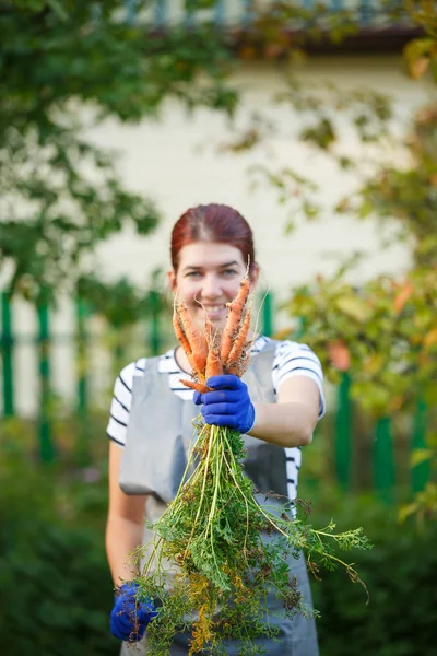 Φωτογραφία: ευτυχισμένη γυναίκα με καρότο στα χέρια σε κήπο, θολή φόντο — Φωτογραφία Αρχείου
