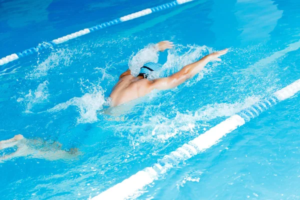 Фото со спины спортсмена, плавающего в бассейне — стоковое фото