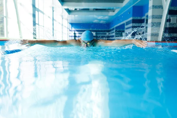 Foto van sportieve man zwemmen in zwembad — Stockfoto