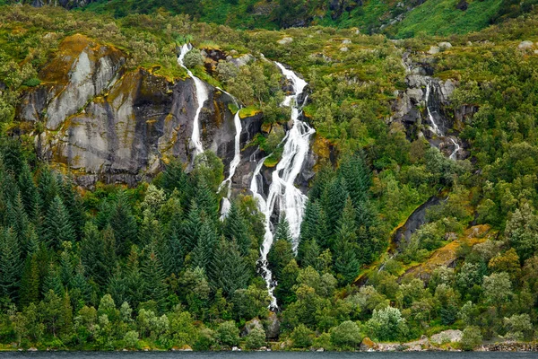 Foto malebná horská krajina s borovicemi, obloha, horská řeka — Stock fotografie