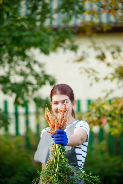 Foto van lachende vrouw met wortel in handen op de tuin — Stockfoto