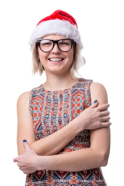Foto de loira em óculos e boné Santas em fundo branco — Fotografia de Stock