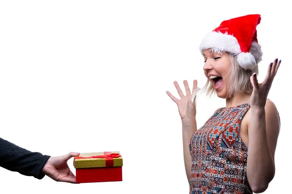 Photo of blonde in glasses and Santas cap and hands of man with gift — Stock Photo, Image