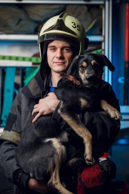 Kask ile arka plan üzerinde köpek içinde mutlu itfaiyeci görüntüsünü