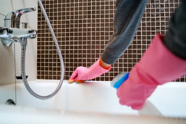 Image of female hands with detergent washing bath — Stock Photo, Image