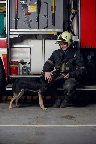 Foto de bombeiro feliz no capacete com cão — Fotografia de Stock