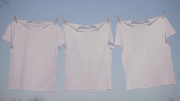 T-Shirts hängen an der Wäscheleine vor blauem Himmel — Stockvideo