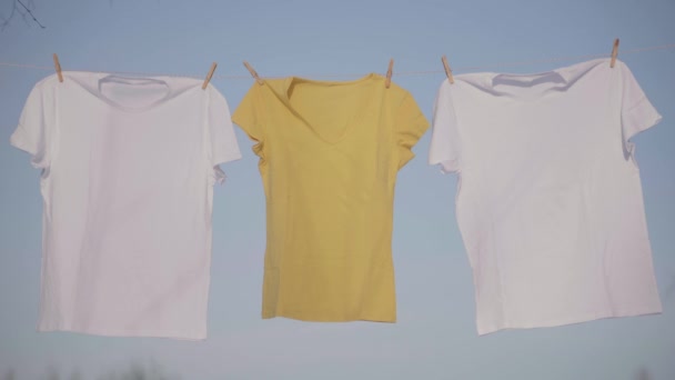 T-shirt appese alla clothesline contro il cielo blu — Video Stock
