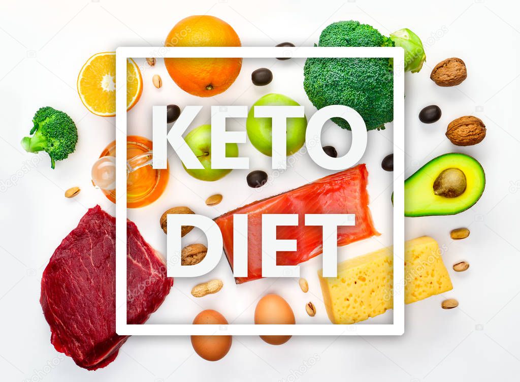 Image on top of piece of meat, fish, cheese, eggs, vegetables on white background.Ingredients for ketogenic diet.