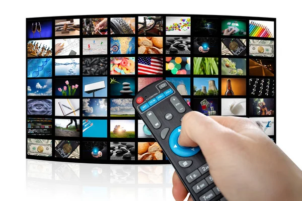 TV set with pictures of smart television and remote control,close up. — Stock Photo, Image