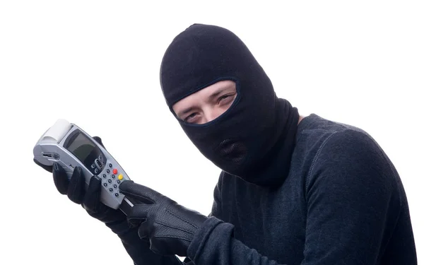 Imagen de ladrón en máscara negra con terminal en las manos . —  Fotos de Stock