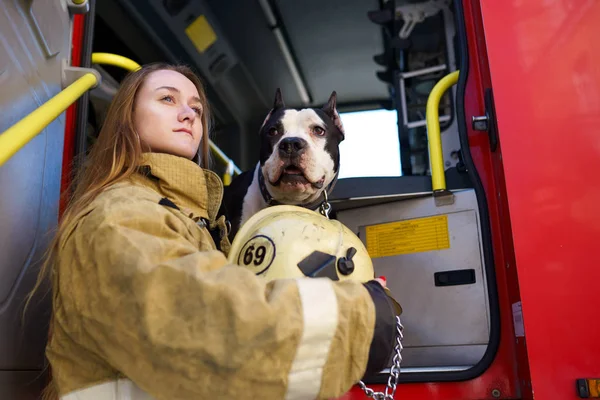 Imagen de firewoman con perro parado cerca de camión de bomberos — Foto de Stock