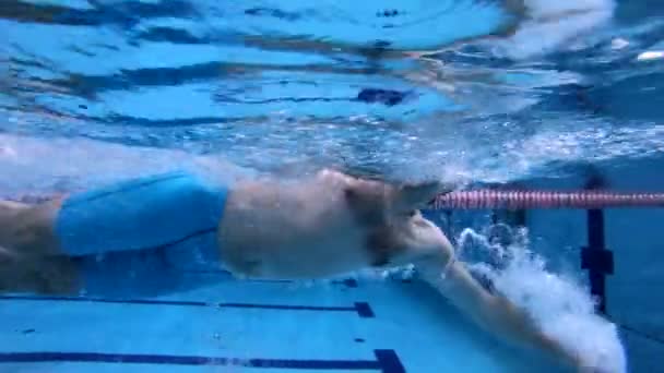 Subaquático vista masculino freestyle nadador na piscina — Vídeo de Stock