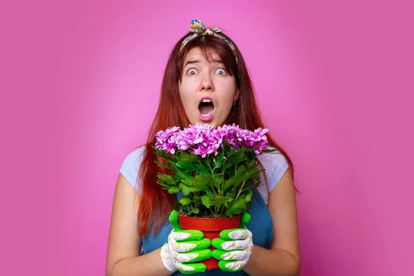 Imagen de mujer sorprendida con crisantemos — Foto de Stock