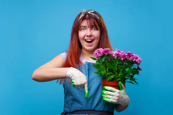 Photo of woman with chrysanthemum pointing finger down — Stock Photo, Image