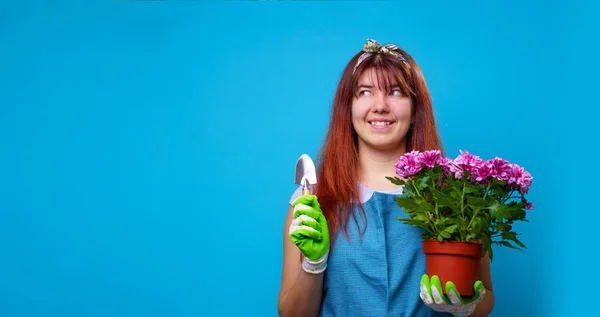 Foto de morena feliz con olla de crisantemos y una pala de hierro — Foto de Stock