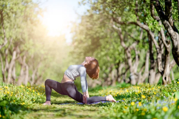 Фото на бік дівчини, що практикує йогу в лісі — стокове фото
