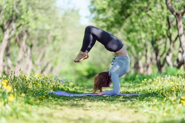 Foto de la mujer de pie en las manos haciendo yoga en el bosque o —  Fotos de Stock