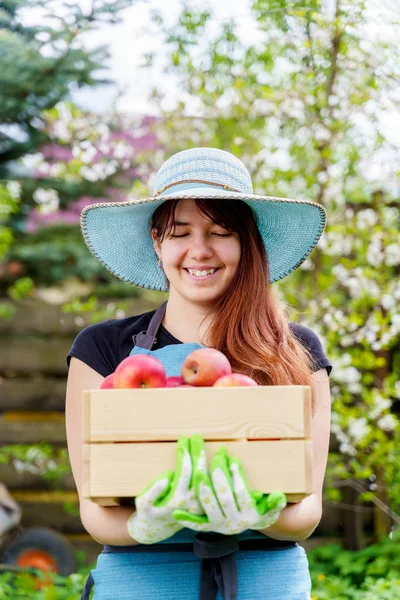 Afbeelding van vrolijke vrouw in de hoed met doos met appels in de tuin — Stockfoto