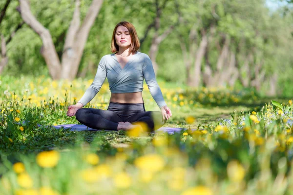 Imagen de una mujer haciendo yoga sentada en posición de loto sobre una alfombra azul en el bosque —  Fotos de Stock