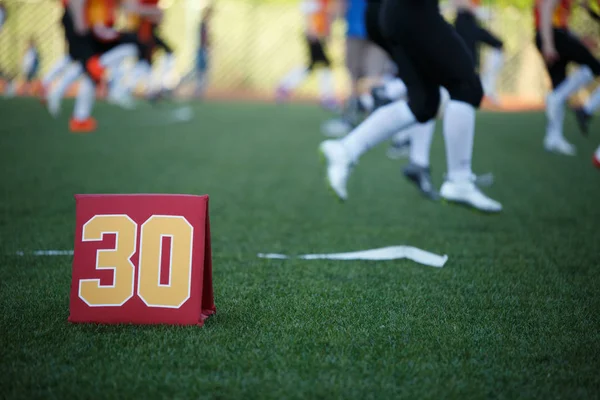 A focipálya képe a harminchárom futballjátékossal a homályos háttérben — Stock Fotó