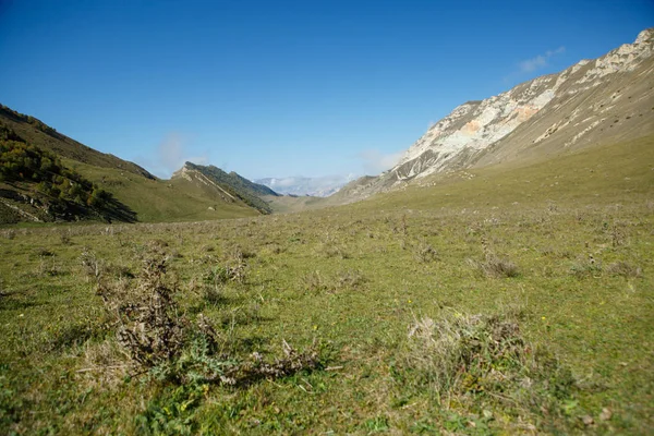 Φωτογραφία ορεινού χώρου με γαλάζιο ουρανό, πράσινο χωράφι το καλοκαίρι — Φωτογραφία Αρχείου