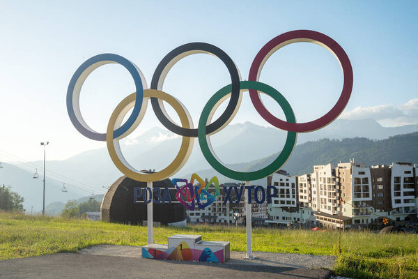 Russia, Sochi - July 4, 2019:Colorful Olympic rings in Olympic village in Rosa Khutor at day.