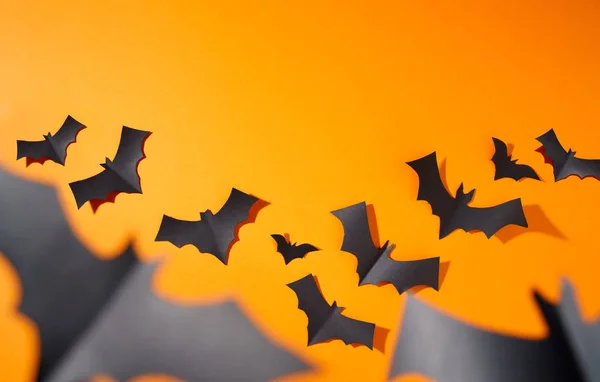 黑蝙蝠在空白橙色背景上飞到两侧的万圣节照片. — 图库照片