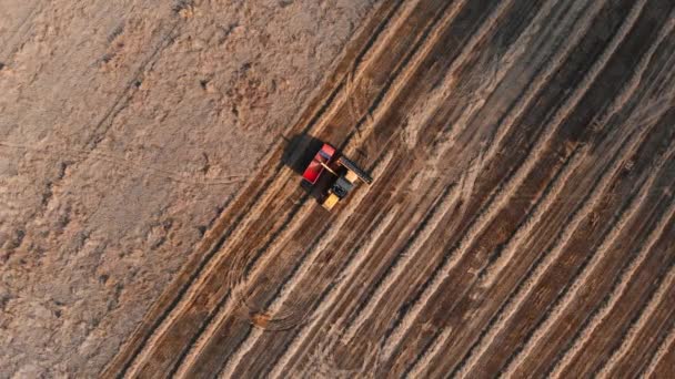수확기는 보기에 곡물 공중 줌과 빨간 트럭을로드 — 비디오