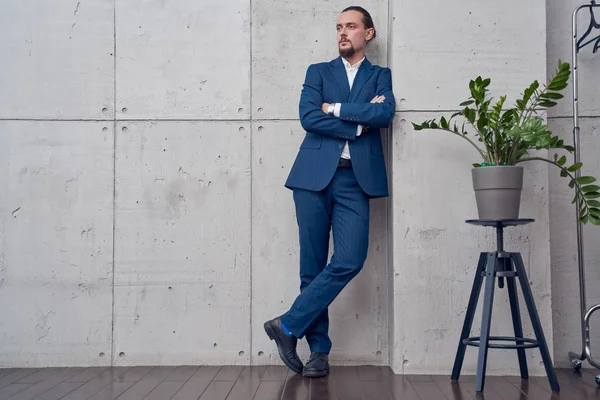 Ganzkörperbild eines brünetten Mannes im Business-Anzug neben Zimmerpflanze an grauer Betonwand. — Stockfoto