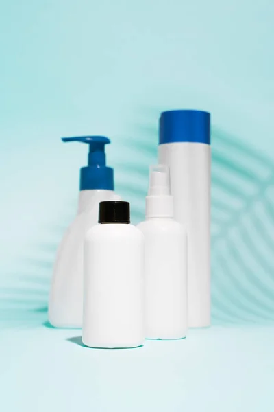 Contenitori bianchi per spray, sapone liquido su fondo blu pulito con foglia di felce , — Foto Stock