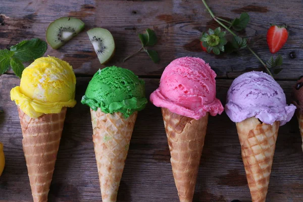 Variety Ice Cream Cones Wooden Table — Stock Photo, Image