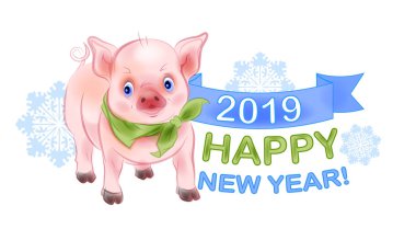 Komik küçük domuzcuk 2019 sembolüdür. Domuz ve kar taneleri ile yeni yıl tasarım. Çin yeni yılı domuzun yılıdır. Suluboya stili.