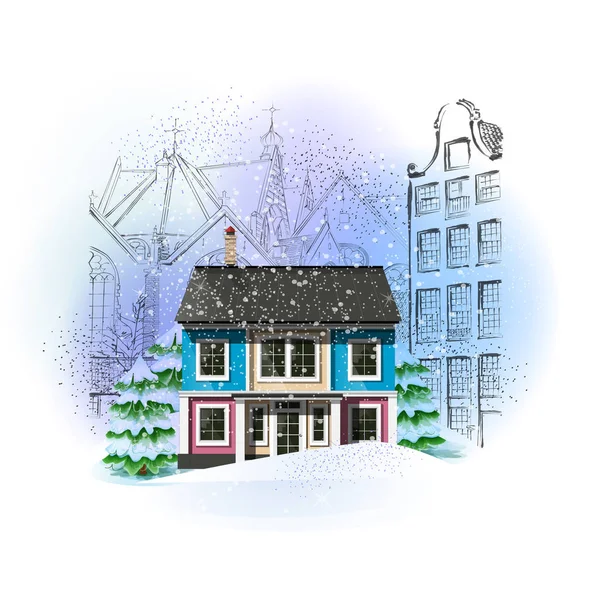 Winterliche Stadtlandschaft Weihnachten Und Neujahr Illustration Jahrgangsstil — Stockvektor