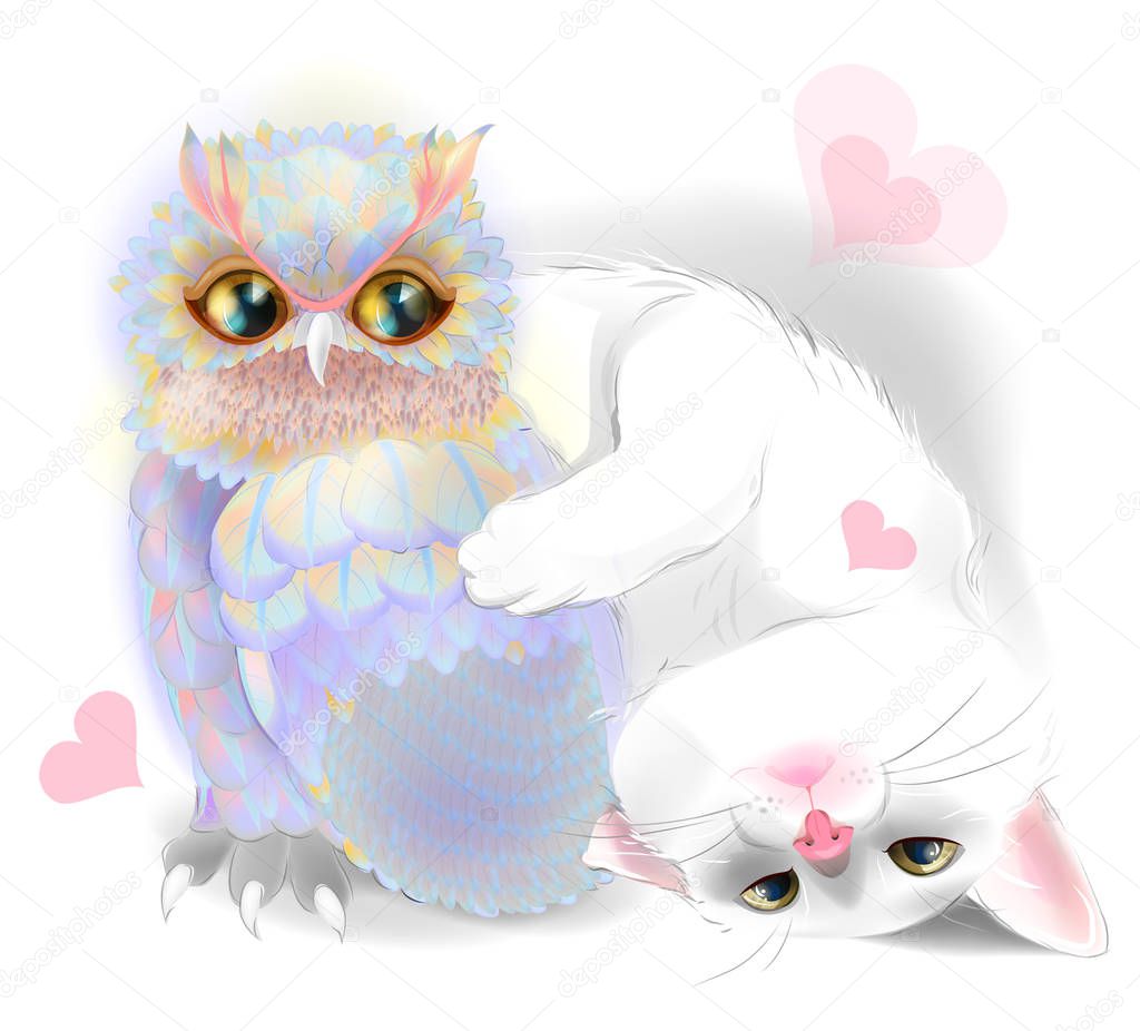 Happy Valentines Day card with cute Cat and owl. Cat and owl are friends.