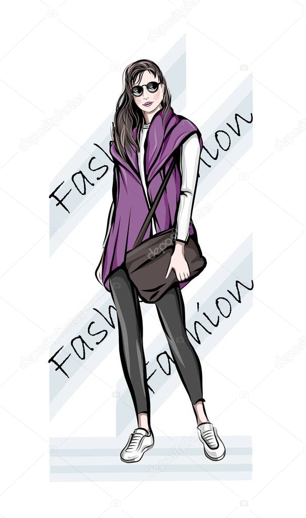 Hand drawn beautiful young woman with handbag. Fashion woman. Stylish cute girl in sunglasses. Sketch.  Fashion illustration.