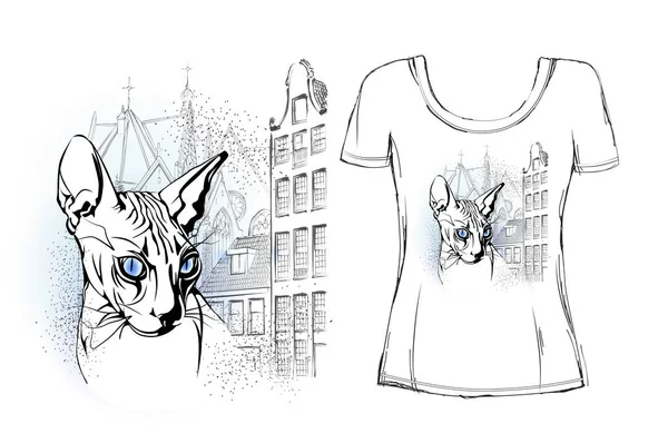 Sphinx Katt Den Gamla Europeiska Staden För Shirt Design — Stock vektor