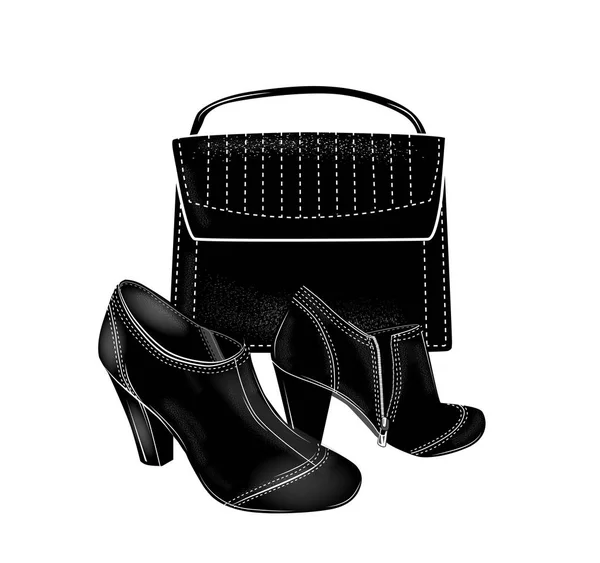 Schwarze Stiefeletten Mit Hohen Absätzen Und Tasche Mode Set — Stockvektor