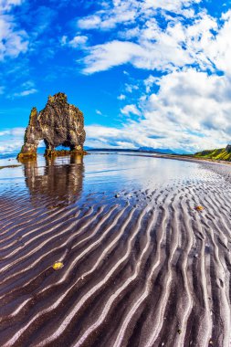 Ünlü rock Hvitserkur şeklinde büyük mamut deniz plaj, İzlanda. 