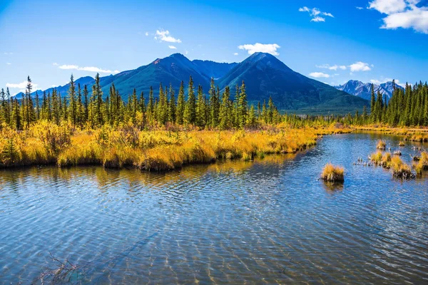 Shallow Lake Vermilion Surrounded Forests Mountains Canada — Stock Photo, Image