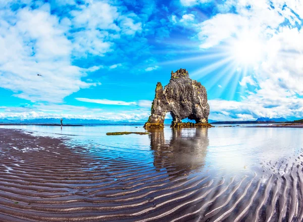 Rock Hvitserkur Forme Mammouth Énorme Sur Plage Mer Islande — Photo