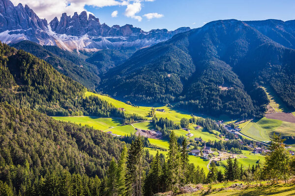 Picturesque valley Val di Funes, Dolomites, Tirol, Italy.