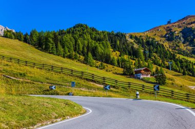 Kalker ve dolomit kayaları dibinde iğne yapraklı ormanlarda yol geçmektedir. Dolomit Alps. Güzel güneşli gün. Etkin, aşırı ve otomobil Turizm kavramı